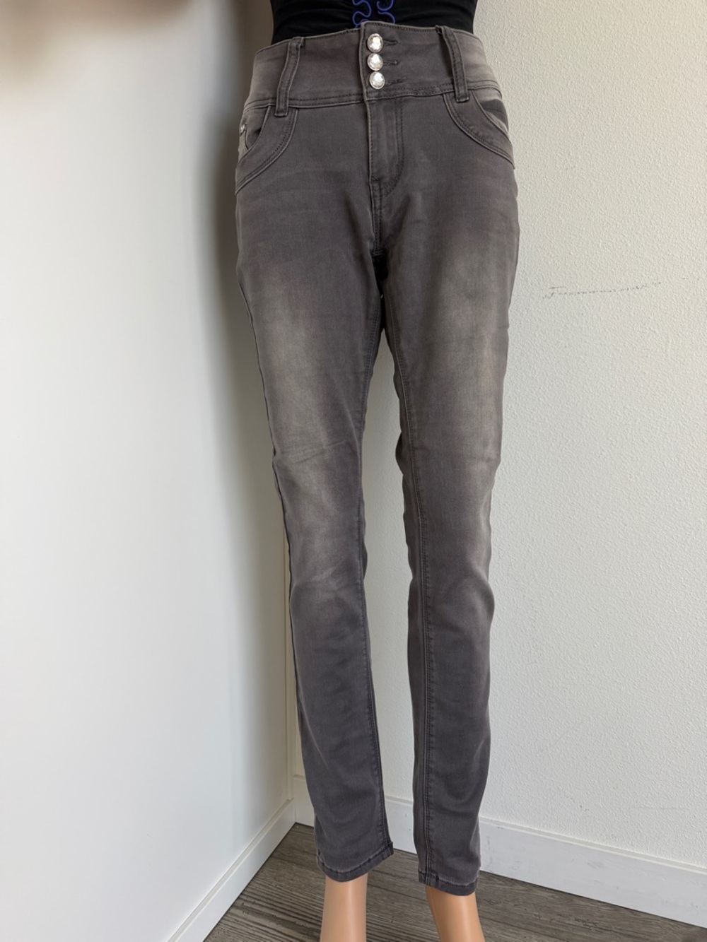 High-Rise Women's Skinny Stretch Jeans in Grey with Button Fly
